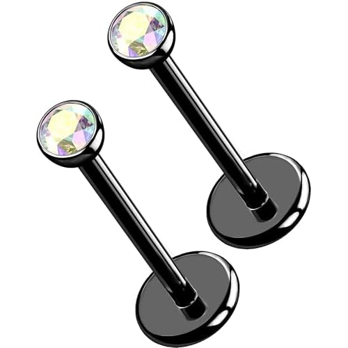 OUFER 2Pcs 20G/18G/16G G23 Titanium Threadless Nose Stud Earrings Flat Back Tiny CZ Small Nose Helix Cartilage Tragus Conch Labret Medusa Monroe Piercing Jewelry for Women Men Black AB 2pcs,