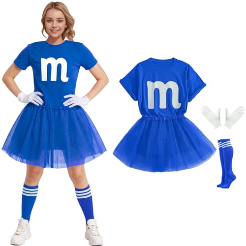 WOLBAY Letter M Halloween Costumes T-Shirt Tutu Skirts and Socks Gloves 4Pcs Group Halloween Costumes for Women (Blue, S)