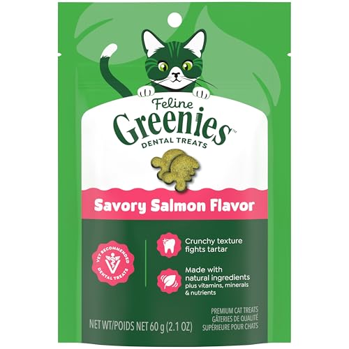 Greenies Cat Treats, Feline Veterinarian-Recommended Adult Natural Dental Cat Treats, Savory Salmon Flavor, 2.1 oz. Pouch