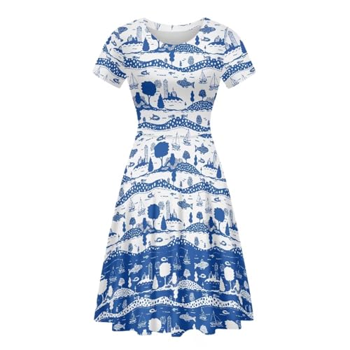 Image of HUGS IDEA Womens Puffy Swing Midi Dress Round Neck Short Sleeve Party A-Line Dresses