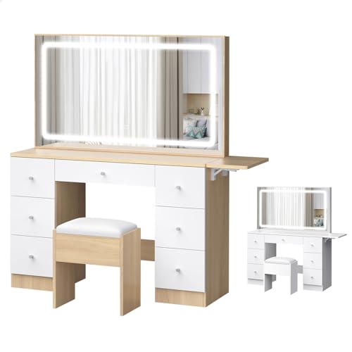 ALFORDSON Vanity Dressing Table Set with Adjustable LED Mirror, Drawers and Stool, Makeup Desk with Extendable Countertop, 140cm, Wood White Color