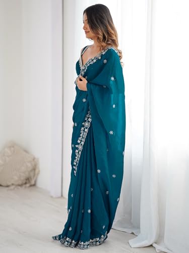 Image of Satrani Women's Tissue Silk Scalloped Border Sequins Embroidery Saree with Unstitched Blouse Piece