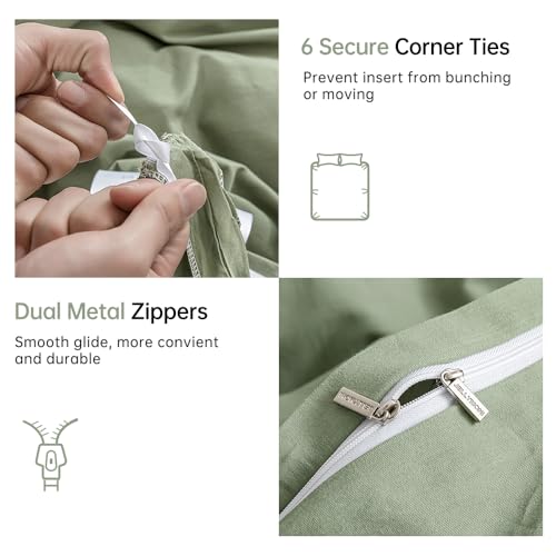 Image of JELLYMONI Light Green Duvet Cover Full Size - 100% Washed Cotton Linen Like Textured Comforter Cover, 3 Pieces Breathable Soft Bedding Set with Zipper Closure (Light Green, Full 80 inchx90 inch)