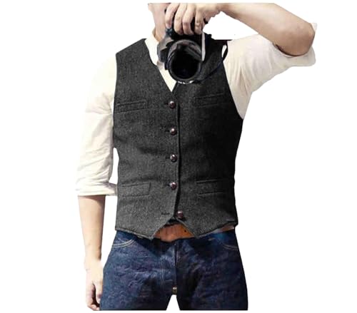 Kiioouu - Chaleco clásico informal para hombre, con cuello en V, patrón en espiga, ajustado, para negocios, para boda, Negro, XL