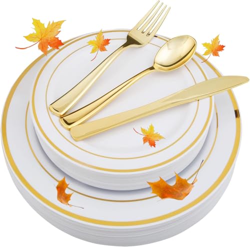 WDF-125 PCS Thanksgiving Plastic Plates - Fall Plates Disposable Include 25 Dinner Plate, 25 Salad Plate, 25 Forks, 25 Knives, 25 Spoons for Parties/Thanksgiving/Friendsgiving
