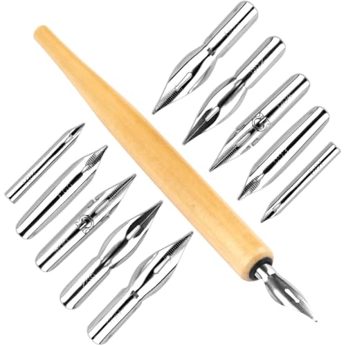 G-Pen Tintenfeder Edelstahl Zeichen-Comic-Stiftfeder,11-teiliges Comic-Stiftfeder-Set,Dip-Pen-Federhalter mit Comic-Stiftfeder, Kalligraphie-Zeichenstifthalter aus Holz mit Edelstahl-Stiftfeder