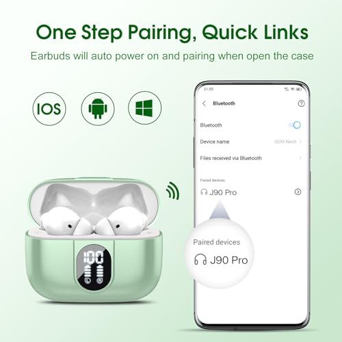 Image of Csasan Wireless Earbuds, Bluetooth 5.3 Headphones HiFi Stereo, 40H Playtime, Wireless Earphones with ENC Noise Cancelling Mic, IPX7 Waterproof Bluetooth Earbuds LED Display, Touch Control, Green