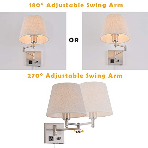 Bedside Wall Mount Light With Dimmable Switch And Outlet, Swing Arm Fabric Shade Wall Sconce Light With Usb Port And Plug In Cord, Satin Nickel Wall Lamp For Bedroom, Living Room And Hotel #TOP4