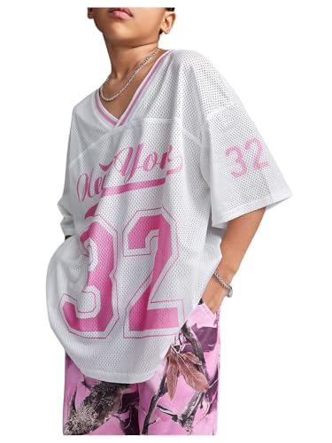 SweatyRocks Girl's Number Letter Print Jersey Shirt V Neck Half Sleeve Mesh T Shirt Streetwear