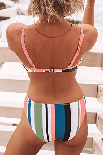 CUPSHE-Damen-Bikini-Set-Triangel-Streifen-Bikini-Bademode-Low-Rise-Rainbow-Zweiteiliger-Badeanzug-Swimsuit