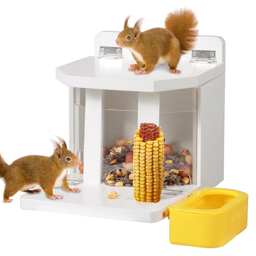 MIXXIDEA Wooden Squirrel Feeder with Water Bowl, Large Capacity Squirrels Feeders for Outside, Sturdy Construction, No Assembly Lovely Chipmunk Feeder for Corn, Peanut, Nuts, Chestnuts (White-1pk)