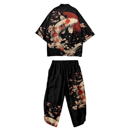 Image of DOSLAVIDA Men's Japanese Kimono Cardigan Suit Chinese Style Printed Jacket Pants Set Open Front Seven Sleeve Top & Shorts