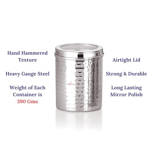 Image of Ebun Stainless Steel Containers for Kitchen Storage Set | Steel Storage Containers for Kitchen | Steel Containers with Lid | Hand Hammered Texture Airtight Steel Containers 1.25 Kgs | Pack Of 6