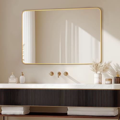 Image of Delma Bathroom Vanity Mirror, Gold Framed Mirror for Over Sink, 36x24 | HD glass, distortion-free for makeup and grooming, Sturdy frame, all mounting hardware, hangs horizontal or vertical