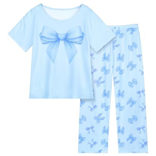 Image of FIOBEE Girls Pajamas Sets 2PCS Summer Pajama Sleepwear Kids Pjs Clothes Short Sleeve for Teen Girl Size 3-14