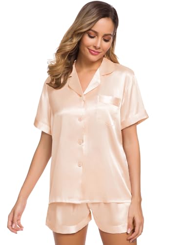 Image of SWOMOG Womens Silk Satin Pajamas Set Short Sleeve Sleepwear Button Down Top and Shorts Loungewear 2 Piece Pjs Set XS-3XL