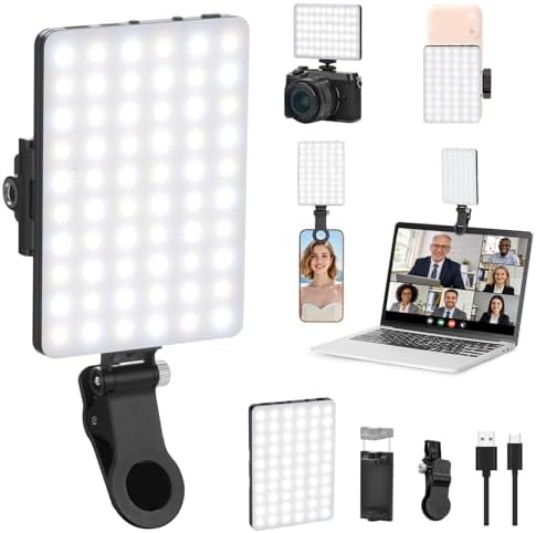 Newmowa 60 LED High Power Rechargeable Clip Fill Video Light with Front & Back Clip, Adjusted 3 Light Modes for Phone, iPhone, Android, iPad, Laptop, for Makeup, Selfie, Vlog, Video Conference