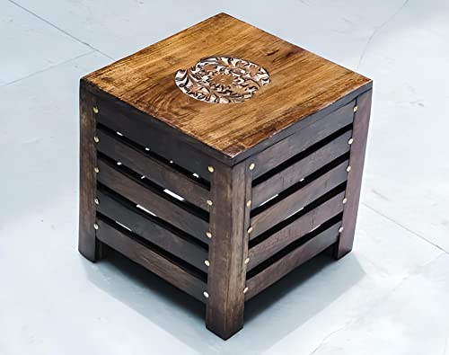 Image of Wood Well Polished And Furnished End Table /Stool With Antique Polish Multipurpose Coffee Stand Table (Stripe Stool, 12 Inches)