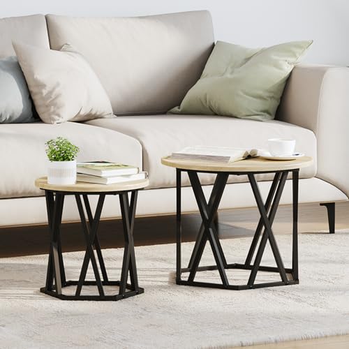 JHQHSM Moderner runder Couchtisch aus massiver Eiche und schwarzem Metall 2 STK. Sonoma Eiche Holzwerkstoff Set mit stabilem Metallrahmen und eleganter Matte Oberfläche