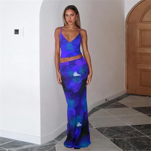 Image of ksotutm Maxi Skirt Set Floral Print Halter Top Maxi Skirt Sexy Going Out Outfits for Women