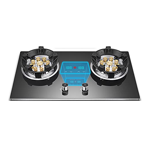 Plaque de cuisson à gaz Cuisinière à gaz intégrée, Cuisinière à gaz à 2 brûleurs, Bouton en alliage de zinc-magnésium, Rappel anti-brûlure à 55 ° +, Contrôle indépendant, Affichage de la puissanc