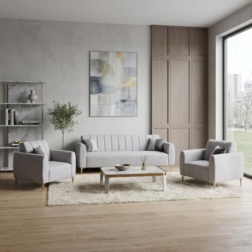 Image of Habibi Rich Velvet Suede 3+1+1 Seater Sofa Set | Spacious Soft Touch Comfort Seating | 5 Person Seating | Modern Living Room Sofa Set (Light Gray)