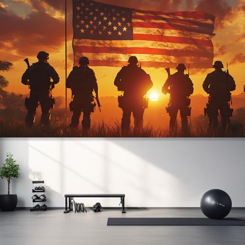 Image of 13x6 ft Patriotic Silhouette Garage Door Banner - Saluting Figures with American Flag Backdrop, Hanging Garage Decorations - for Memorial Day Veterans Day Tribute, Military Honor Outdoor Wall Sign