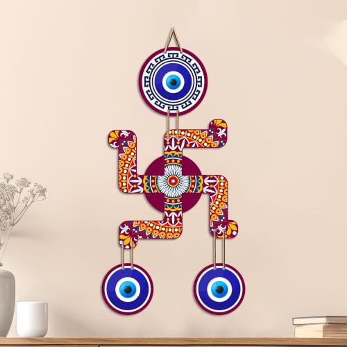 Image of Artvibes Mandala Swastik Wall Hanging with Evil Eye Protection Charms | Decorative Wooden Hindu Decor for Entrance | Home Temple | Living Room | Symbol of Good Luck | Prosperity (WH 85106N)