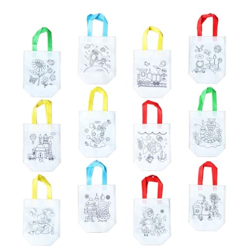 SHINEOFI Bolsa Plegable para Pintar DIY y Bolsa de Compras para Niños, 12 Piezas Estampado Multipatrón, Material No Tejido, Portátil y Reutilizable, Adecuado para Estilo Aleatorio
