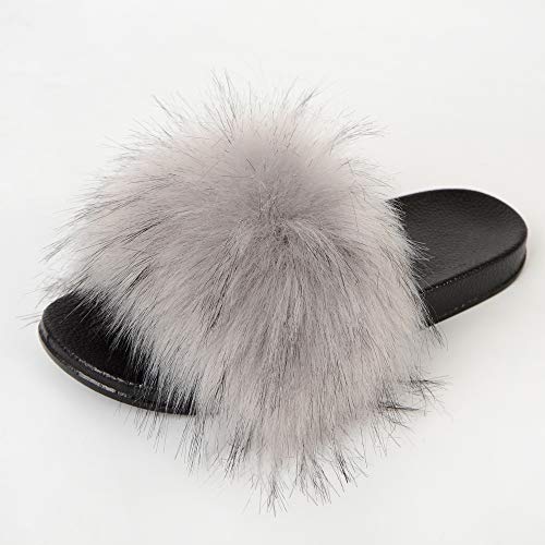 Image of MH Bailment Womens Furry Fluffy Slippers Faux Fur House Slippers Open Toe Fuzzy Slides Soft Flat Slip On Sandals for Indoor Outdoor