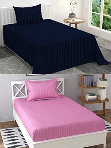 Image of Prime Collection 280 TC Combo Pack of 2 Single Sized (90x60) Satin Striped Bedsheet with 2 Pillow Cover Long Lasting Single Bedsheet for Hotel, Hospital and Home Use