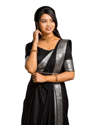 Image of Women's Glory Banarasi Satin Silk Saree Plain Silver Zari | Unstiched Blouse Piece Included.
