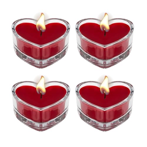 AKH Heart Shaped Candles in Glass Jar Holder | Pack of 4 | Romantic Valentines Day Candles Ideal for Weddings Home Décor and Special Occasions | Love Heart Tea Lights | 4.5CM