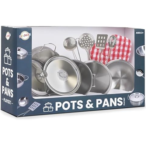 Playkidz Stainless Steel Pots and Pans - Toy Cookware 9 Piece Playset for Kids Pretend Play House - Great Birthday Gift for Girls Cover
