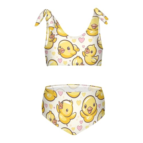 Cute Yellow Ducks Hearts Girls Swim Suit 2 Piece High Waisted Swimwear Youth Girls Tankini Swimsuit Beach Clothes 5-6Y