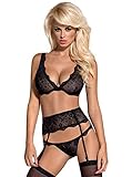 Selente Love & Fun verführerisches 4-teiliges Damen Unterwäsche-Set aus BH, Strapsgürtel, Tanga & Satin-Augenbinde, Made in EU, schwarz, Gr. S/M