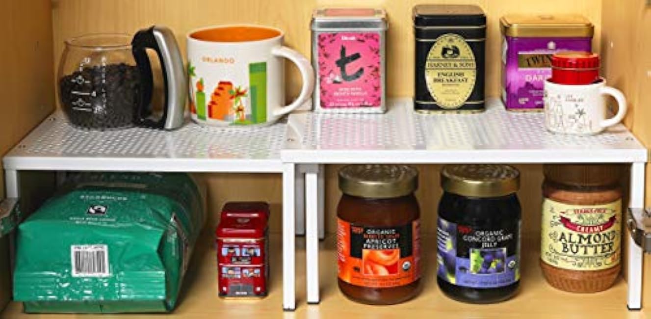 Simple Houseware Expandable Stackable Kitchen Counter Shelf Organizer, White, Metal Top, 11.25L x 7.9W x 5.4H