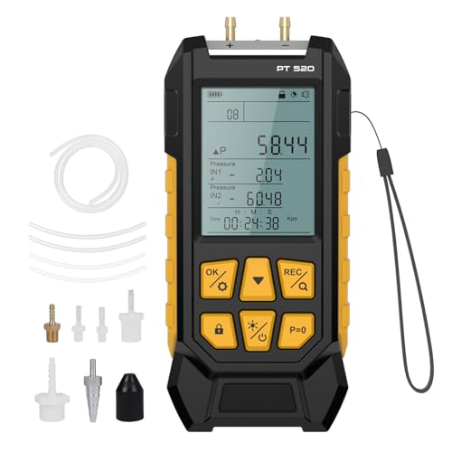 LINXINO PT520 Manometer Gas Pressure Tester,Digital Manometer,Dual Port Air Pressure Meter,HVAC Gas Pressure Tester with 10 Selectable Units, Various Adapters, -100~200 Kpa