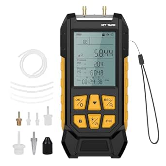 Manometer Gas Pressure Tester,Digital Manometer,Dual Port Air Pressure Meter,HVAC Gas Pressure Tester with 10 Selectable Units, Various Adapters, -100~200 Kpa,PT520