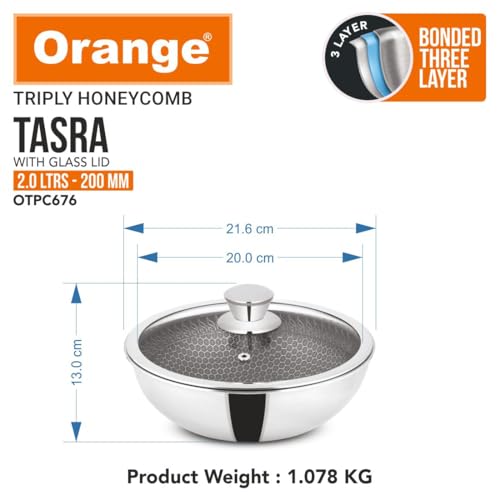 Image of Orange Triply Honeycomb Stainless Steel Tasra Kadai with Glass Lid (2 Litre, 20cm Diameter) | Heavy Bottom, Scratch Resist Non-Stick Tasra /Tasla | Induction Friendly | 5 Year Warranty