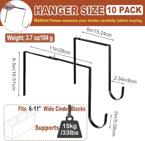 10 Pcs Outdoor No Drill String Light Hooks for 6-11 inch Concrete, Cinder Block & Brick Walls, Metal Adjustable Wall & Brick Hangers for Hanging Outdoor Rope Lights Cable Cord Holders Organizer