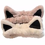 2 Pcs Cat Ears Headband, Cute Spa Headbands for Washing Face Skincare Makeup Headbands for Women Girls Trendy Stuff Present Soft Coral Fleece Hair Accessories(Beige Khaki)