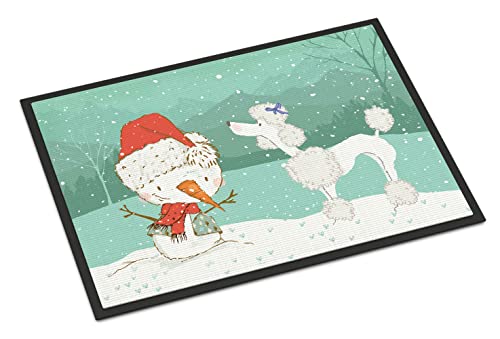 Caroline's Treasures CK2067JMAT White Poodle Snowman Christmas Doormat 24x36 Front Door Mat Indoor Outdoor Rugs for Entryway, Non Slip Washable Low Pile, 24H X 36W