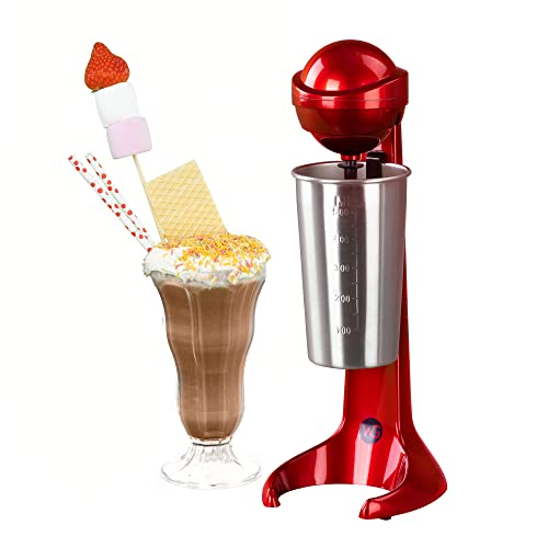 LIVIVO Red Retro Style 100W Milkshake Maker Milk Frother Machine with 500ml Stainless Steel Mixing Cup for Frappe, Frothy Milk, Juices and Smoothies, Mixer Batter