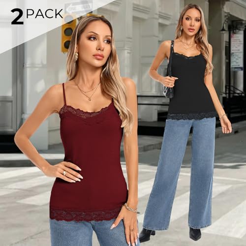 Image of Kate Kasin Women's Adjustable Spaghetti Strap Lace Trim Cami Tunic Tank Top 2PACK