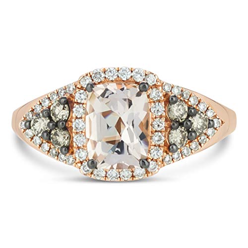 LeVian 14K Rose Gold Cushion Cut Morganite & 1/2 Cttw White & Chocolate Diamond Halo Engagement Ring (Fancy Brown/G-H Color, VS2-SI2 Clarity)