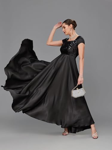 Image of Miss Chase Women's Round Neck Sleeve Embellished Fit Flare Maxi Dress