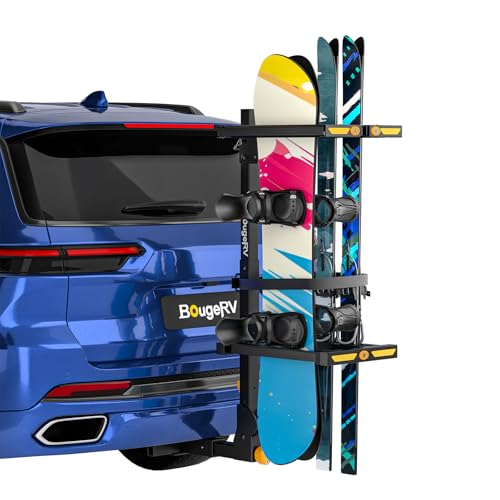 BougeRV 2025 Hitch Ski Snowboard Rack with Security Lock, Folding and Tilting for Trunk Access Fits...