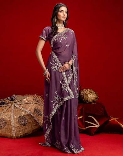 Image of SIRIL Women's Georgette Embroidery Saree With Unstitched Blouse