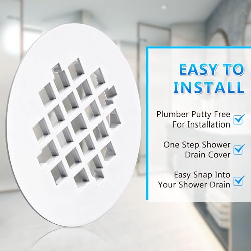Enhon 2 Pack 4-1/4 Snap in Shower Drain Cover, Round Strainer Drain Grid, Bathroom Shower Grate Cap Replacement for Hair Catcher (White,PVC Plastic)
